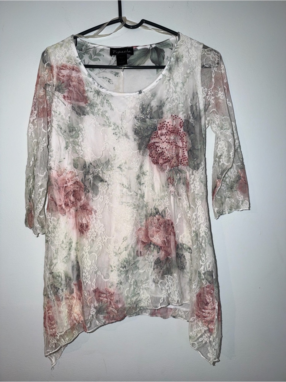 Pink Rose Lace Tunic Top Fairycore Rhinestone Sharkbite Hem